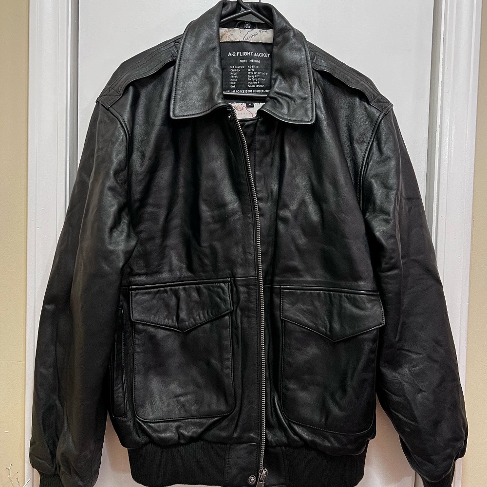 Mens A2 Authentic Lambskin Black Leather Bomber Jacket Med